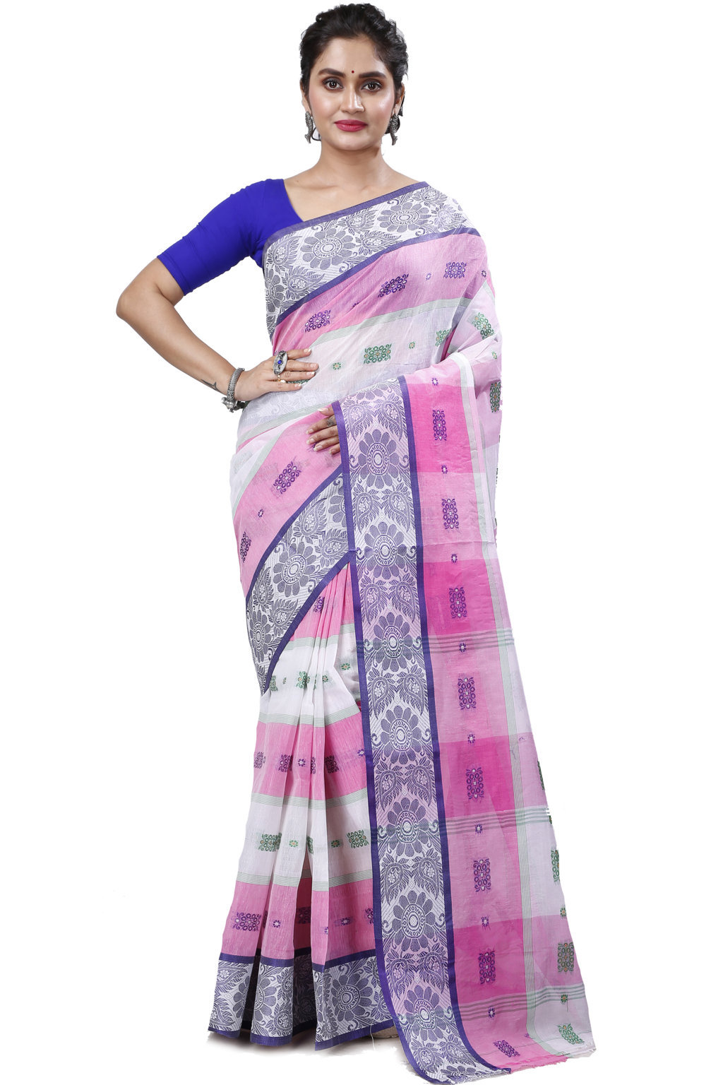 Pink White Pure Cotton RajSahi Tant Saree (954)